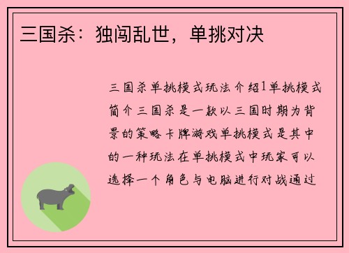 三国杀：独闯乱世，单挑对决